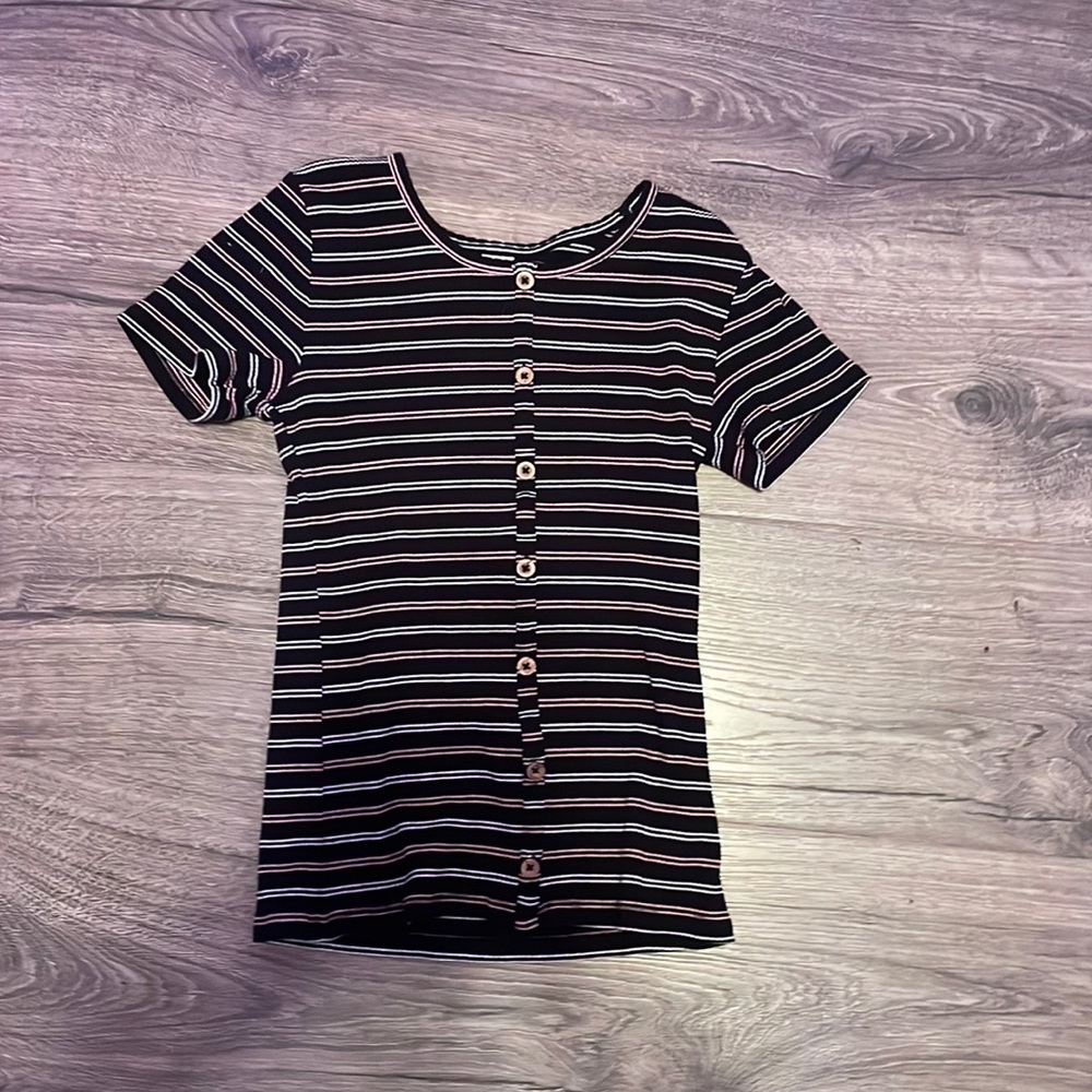 pink white and black button shirt